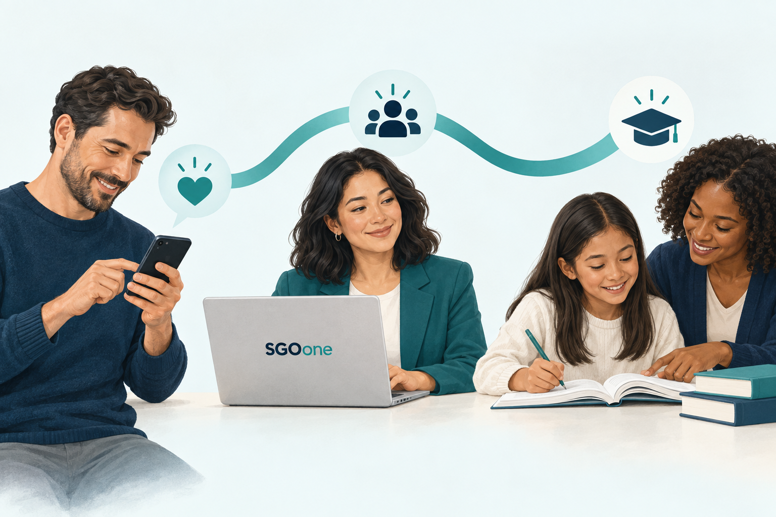 A donor gives using a phone, an SGO organizer works at an SGOone-branded laptop, and a student learns with an educator, connected by a teal ribbon.